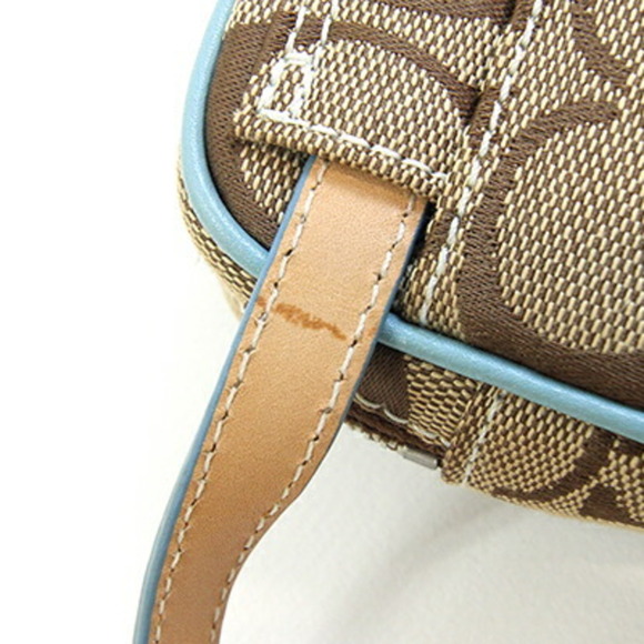 Coach Waist Bag Signature Khaki Light Blue Canvas Leather Hip Pouch Body Wome...